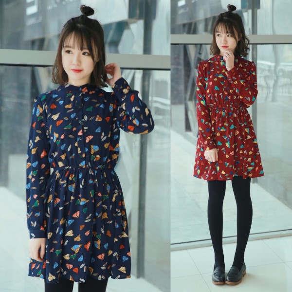 Asia College Fresh Loose Bohemian Dress Colorful Leaf Printting Chiffon Long Sleeves Bottoming Dress Navy Wine Red For Women 