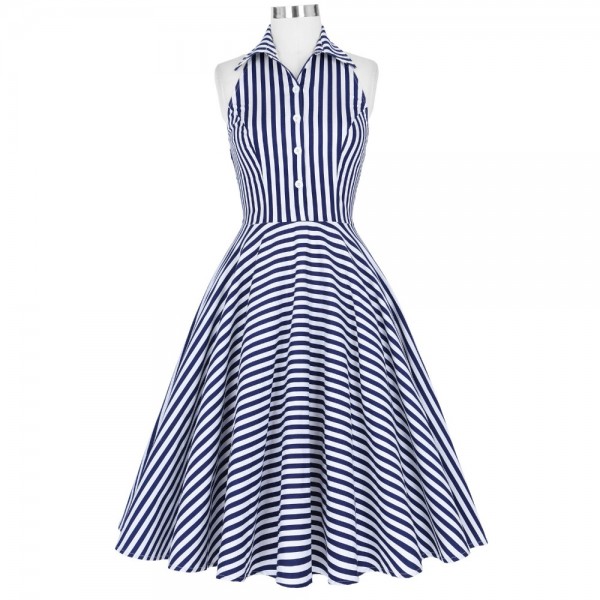 Audrey Hepbrun 50s 60s Dresses Women Summer Vintage Retro Swing Dress Pinup Rockabilly Striped Sleeveless Casual Shirt Dress