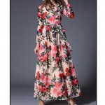 Autumn 2016 Women Long Sleeve Maxi Dress Long Chiffon Floral Print Pink Bohemian Bodycon Boho Dresses Clothing