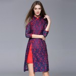 Autumn And Winter Elegant Patchwork Lace Cheongsam Dress For Women Vintage Slim Three Quarter Sleeve Novelty Knee Length Dress