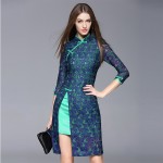 Autumn And Winter Elegant Patchwork Lace Cheongsam Dress For Women Vintage Slim Three Quarter Sleeve Novelty Knee Length Dress