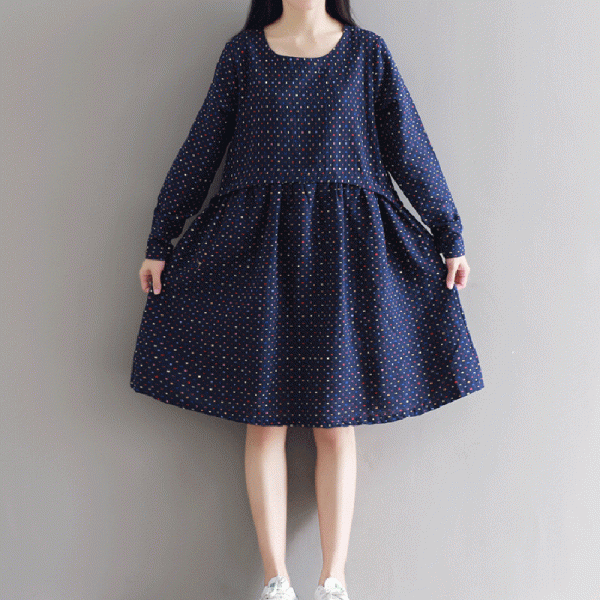 Autumn Dress Dot Print Vestido De festa Blue Khaki Color  Women Dress Plus Size Women Clothing Long Sleeve Lolita Casual Dress