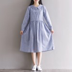 Autumn Dress Stripped Print Cotton Linen Dress Long Sleeve Causal Loose dress Blue Beige Dresses  Size S-2XL