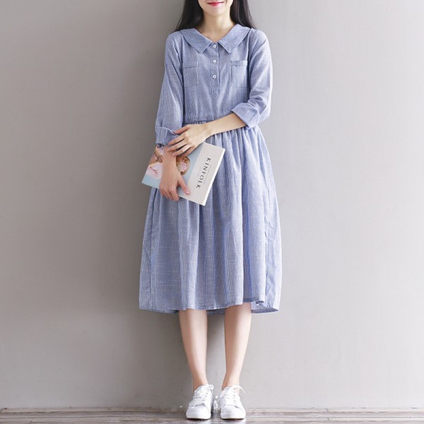 Autumn Dress Stripped Print Cotton Linen Dress Long Sleeve Causal Loose dress Blue Beige Dresses  Size S-2XL