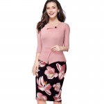 Autumn Elegant Women Print Floral Patchwork Button Casual Work Tunic Three Quarter Bodycon Office Dresses B326