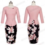 Autumn Elegant Women Print Floral Patchwork Button Casual Work Tunic Three Quarter Bodycon Office Dresses B326