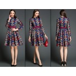 Autumn High End Vintage Fashion Lace Midi Dress Plus Size Women  Long Sleeve Print Slim Office Elegant Vestidos Cortos C530