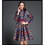 Autumn High End Vintage Fashion Lace Midi Dress Plus Size Women  Long Sleeve Print Slim Office Elegant Vestidos Cortos C530