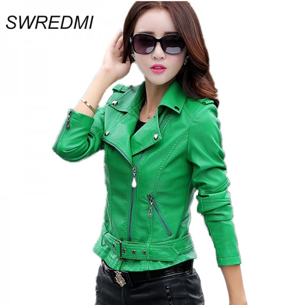 Autumn Leather Clothing Female Short Leather Coats Slim Fashion Women's Leather Jacket Motorcycle Leather Green,Beige White,Red.