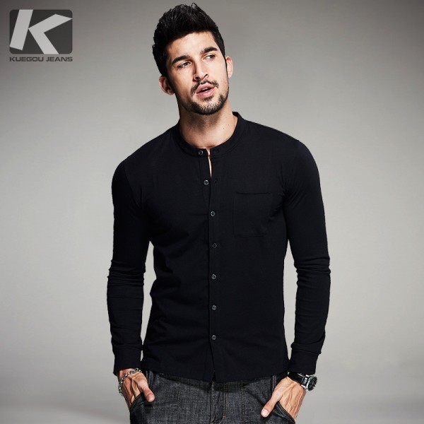 Autumn Mens Fashion T Shirts Button Black Brand Clothing Long Sleeve Man's Collar Cardigan T-Shirts Tops Tees Plus Size