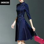 Autumn Office Dress Denim A-line Dresses Three Quarter Sleeves Knee-Length Turtleneck Collar Stretch Jean Work Dress Women