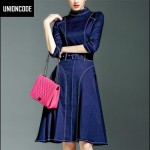 Autumn Office Dress Denim A-line Dresses Three Quarter Sleeves Knee-Length Turtleneck Collar Stretch Jean Work Dress Women