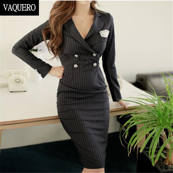 Autumn Office Dress Long Sleeve Knee-Length Notched Collar Buttons Stretch Striped Pencil Work Dress Women Black Dresses