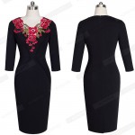 Autumn Vintage Elegant Flower Embroidered Bodycon Women Dress Retro Rockabilly Exquisite Floral  Embroidery Pencil Dresses EB330