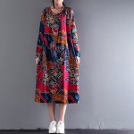 Autumn Winter Dresses Floral Print O Neck Long Sleeve Vintage Dress Cotton Linen Women Dress A Line Casual Dress Size M-2XL