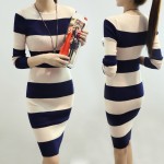 Autumn Winter New Sexy Long Sleeve Knee-Length Knit Sweater Office Dresses Vestidos Women Bodycon Striped Elegant Maxi Dress1014