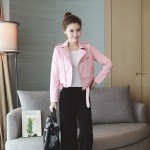 Autumn Winter Pink Blue Women Leather Jackets Soft Pu Faux Leather Coats Slim Short Design Turn Down Collar Motorcycle Outwear