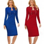 Autumn Winter Women Business Casual Sliming Pencil Dresses Elegant Long Sleeve Office Ladies Wear To Work EB10