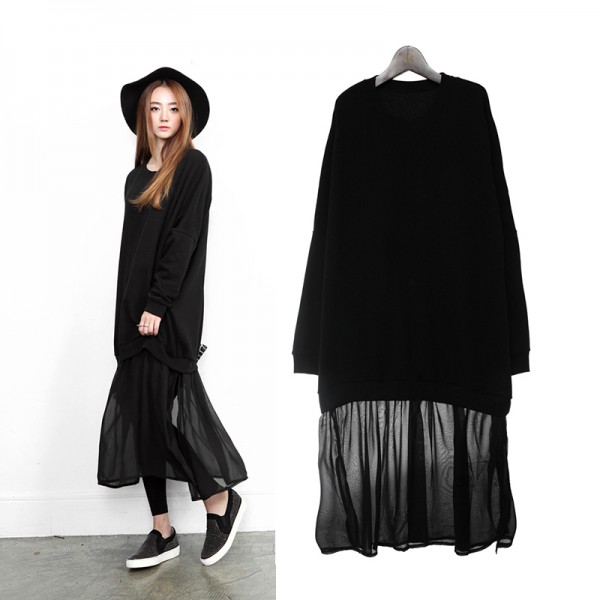 Autumn and Winter Casual Stitching Plain Knitted Dress White Black Long Sweater Dress Autumn Loose