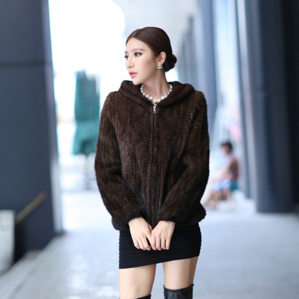 Autumn and Winter Women's Genuine Knitted Mink Fur Jackets with Hoody Lady Warm Short Coats VF0123