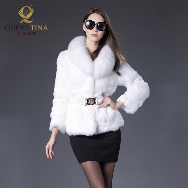 Autumn and winter fashion V-neck rabbit fur coat with fox fur collar women fur jacket women fur coat Free shipping QS-67