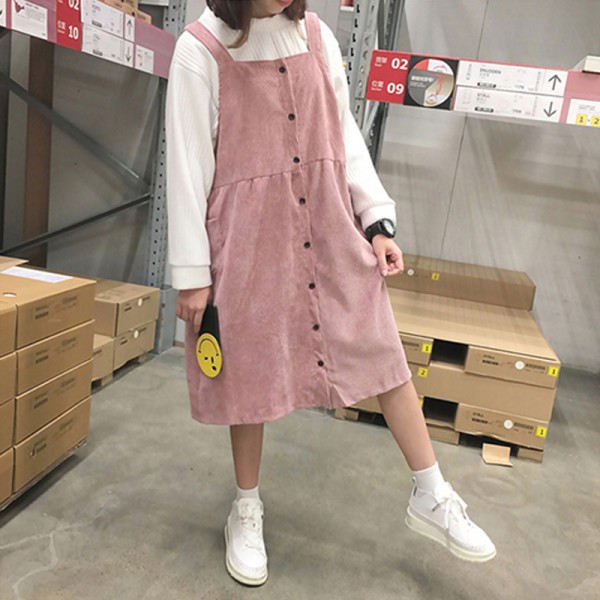 Autumn and winter women's new corduroy dress student campus style solid colour loose Medium and long Strap dress