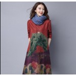 Autumn winter basic dresses 2016 vintage fashion women's plus size loose print knee length dress long sleeve dress female femme