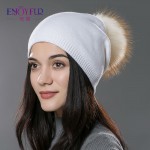 Autumn winter beanies hat unisex knitted wool Skullies casual cap with real raccoon fox fur pompom solid colors ski gorros cap