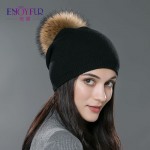 Autumn winter beanies hat unisex knitted wool Skullies casual cap with real raccoon fox fur pompom solid colors ski gorros cap