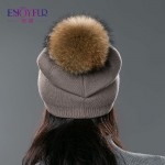 Autumn winter beanies hat unisex knitted wool Skullies casual cap with real raccoon fox fur pompom solid colors ski gorros cap