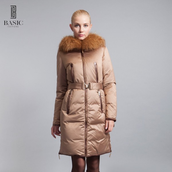 BASIC-EDITIONS Genuine Brand Winter Women Long Jackets Raccoon Fur Hood And Belt Women's Down & Parka Coats 12W-46