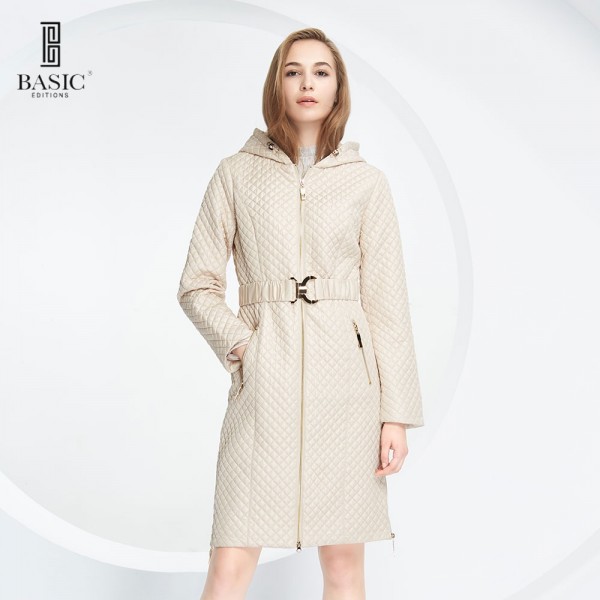 BASIC EDITIONS New Women's Coat Spring Autumn Thin Cotton Parkas Slim Hooded Adjustable Waist High Quality Big Size 14S-46-1