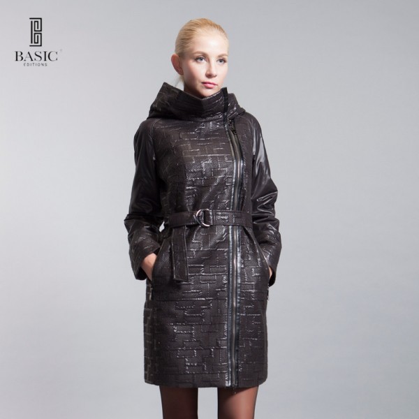 BASIC EDITIONS Spring Autumn Women Hooded Slim Fit Belt Long Thin Padded Trench Coat - Z14027 