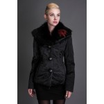 BASIC EDITIONS Winter Black Slim Coat Metallic Silk Fabric Raccoon Fur Collar Hooded Jacket 1821