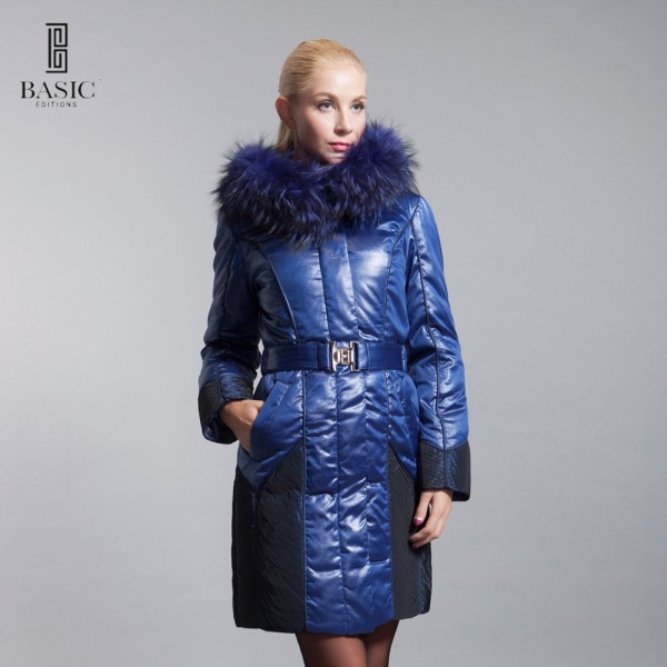 BASIC-EDITIONS Winter Blue Fox Fur Collar Slim Fit Jacket Woven Long Sleeve White Duck Down S-XXXL 11WY-33