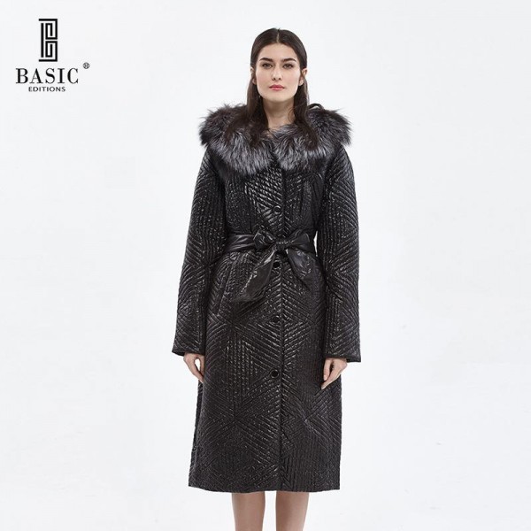 BASIC EDITIONS Winter Slim Fit Cotton Coat Women's Hooded Fox Fur Collar 3M Thinsulate Jackets Warm Winter Coat Parka - D11015