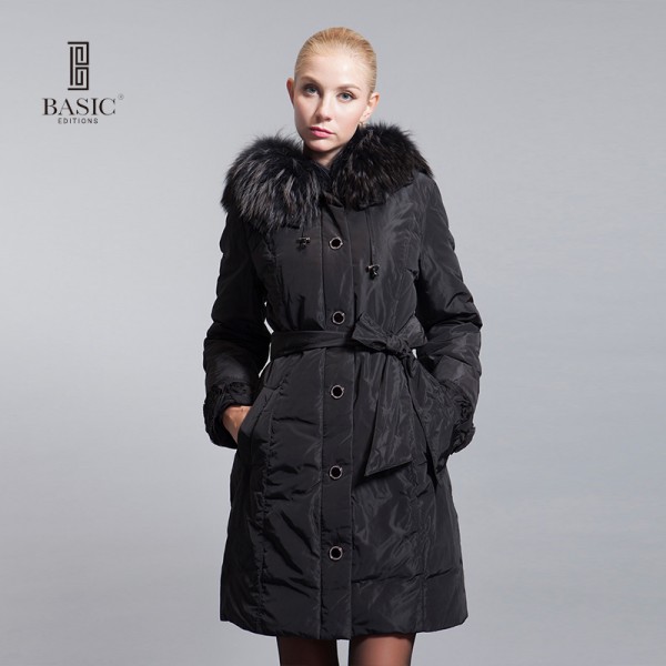 BASIC-EDITIONS winter Slim Hooded fur collar fur cuffs flowers in long down jacket style - 10W-04D