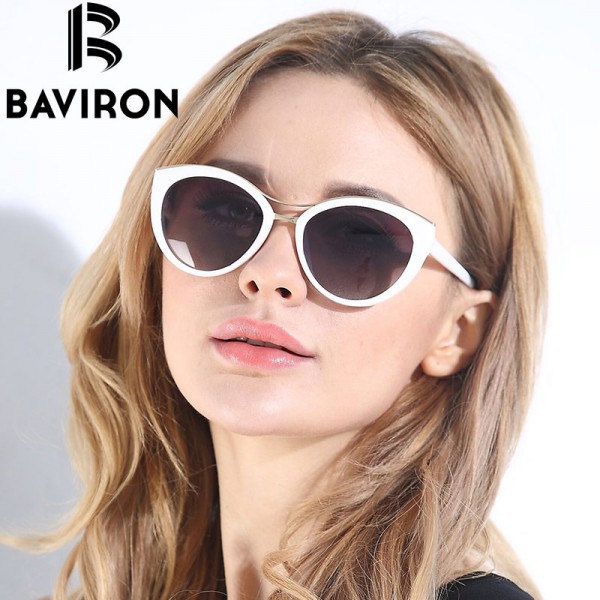 BAVIRON New Fashion Cat Eye Sunglasses Women White Frame Gradient Polarized Sun Glasses Driving UV400 Aluminium Eyewear Box 8527