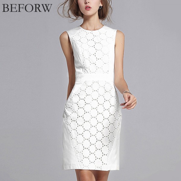 BEFORW Summer Dress Women Sexy Sleeveless Solid Color Slim Large Size Dresses Fashion Casual Plus Size White Lace Mini Dress