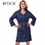 BFDADI 2016 Autumn Women Soft thin Denim Dress Casual Metal zipper cardigan Half Roll Sleeve Elegant Women plus size 3300