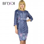 BFDADI 2016 Summer Retro Printed 3/4 Sleeve O-neck Dress For Women Openwork Lace Pocket Dresses XL-6XL Big Size Dress 7-35772