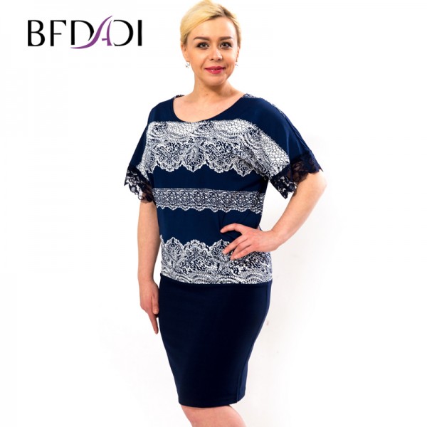 BFDADI 2016 Summer Women Lace Round Neck Batwing Short-sleeved Sexy Dress Plus size 4XL 5XL Women's Dress Free Shipping 2124