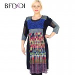 BFDADI 2016 Summer Women's Dress Fashion Colorful retro stitching pleated dress Women Elegant Knee-length Big size 7-2169