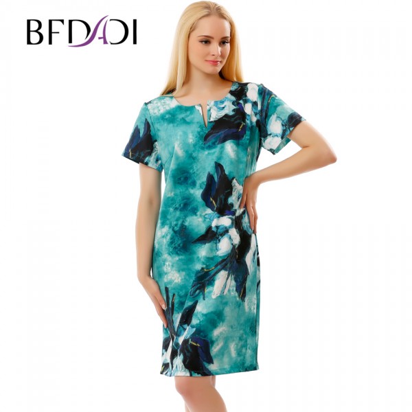 BFDADI 2017 New Elegant Dresses For Women Summer Ladies Ink Floral Print Short Sleeve Plus size Dress vestidos 3687-58