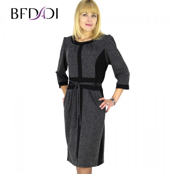 BFDADI Dresses New Rushed Natural O-neck 2016 Spring Dress Vintage Stitching Belted Tunic Wear To Stretch Office Large Size 6215