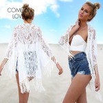 BJ273 Top Selling Summer Chiffon Beach Dress White Tassel Lace Floral Sex Girls Beach Dress See Through Front Open Robe De plage