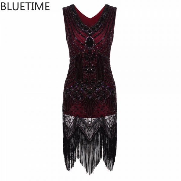 BLUETIME 1920s Vintage Gatsby Dress Women Tassel Sequined Flapper Party Dresses Ladies Summer Sexy Bodycon Retro Dress 30A