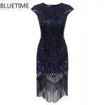 BLUETIME Great Gatsby Dress women Tassel Sequined Blue Party Dresses Ladies Summer Sexy Bodycon 1920s Retro Vintage Dresse F30A