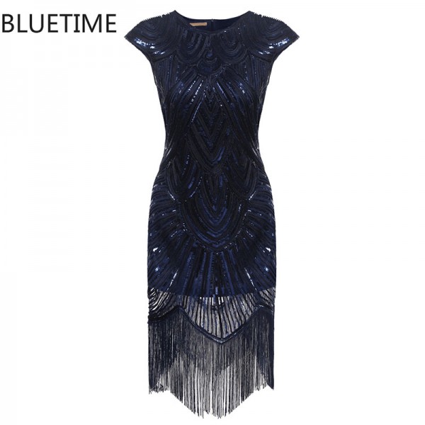 BLUETIME Great Gatsby Dress women Tassel Sequined Blue Party Dresses Ladies Summer Sexy Bodycon 1920s Retro Vintage Dresse F30A