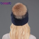 BOAPT Double-deck Knitted Wool Real Natural Raccoon Fur Pompon Hat Female Winter Braid Cap Headgear For Women Skullies Beanies